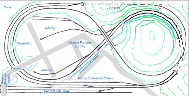 track plan diagram of N scale 4x8 union pacific layout