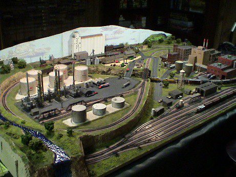 n scale industrial layout with water towers
