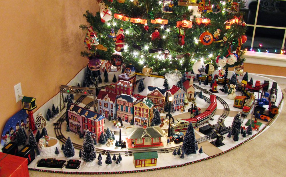 christmas tree train corner layout in a winter village theme